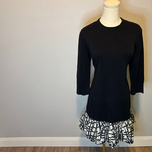 COS Women's Cotton Black Knit 3/4 Sleeve Ruffle Hem Dress, SZ M